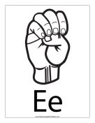 Letter E (outline, with label) sign language printable