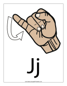 Letter J (color, with label) sign language printable