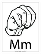 Letter M (outline, with label) sign language printable