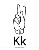 Letter K (outline, with label) sign language printable