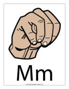 Letter M (color, with label) sign language printable