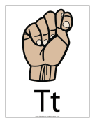 Letter T (color, with label) sign language printable