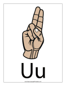 Letter U (color, with label) sign language printable