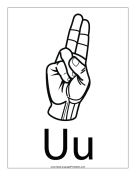 Letter U (outline, with label) sign language printable