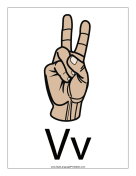 Letter V (color, with label) sign language printable