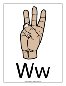 Letter W (color, with label) sign language printable
