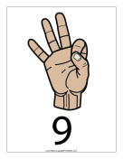 Number 9 (color, with label) sign language printable
