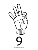 Number 9 (outline, with label) sign language printable